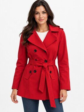 Calvin Klein Jeans Red Double Breasted Hooded Trench Coat M PTP20/21